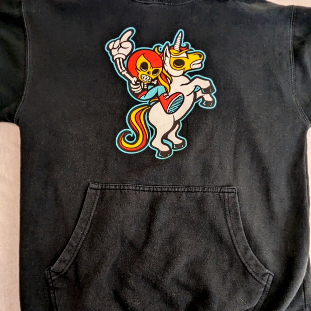 Skelly Unicornyaay Black Pullover Hoodie - Skelly & Co on Both Sleeves Medium
